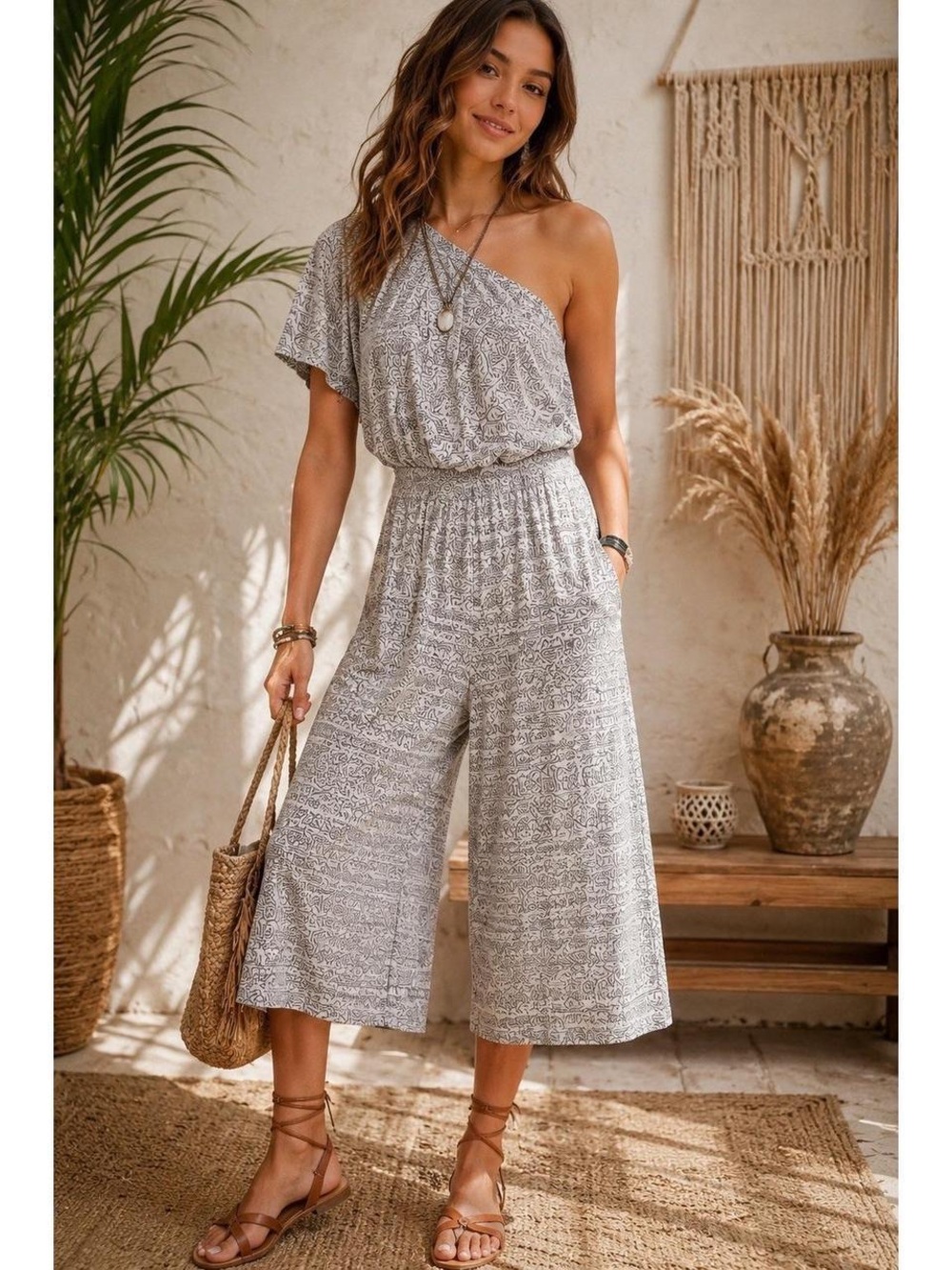 Maeve Women’s One-Shoulder Wide-Leg Cropped Jumpsuit Sz XS Black White Geometric